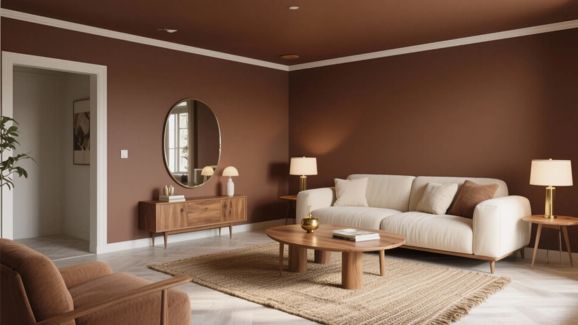 Warm living room with brown walls white sofa wood coffee table round mirror and beige rug
