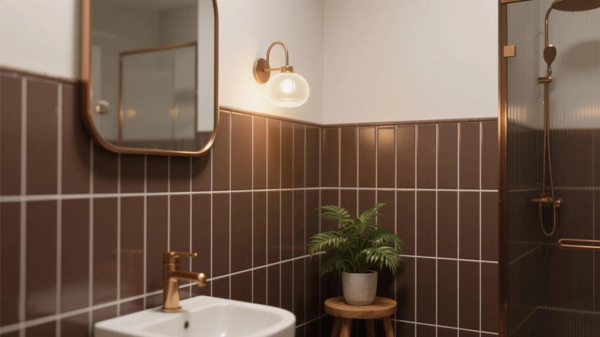 5) Matte Cocoa Walls, White Grout Accents, and Soft Curves