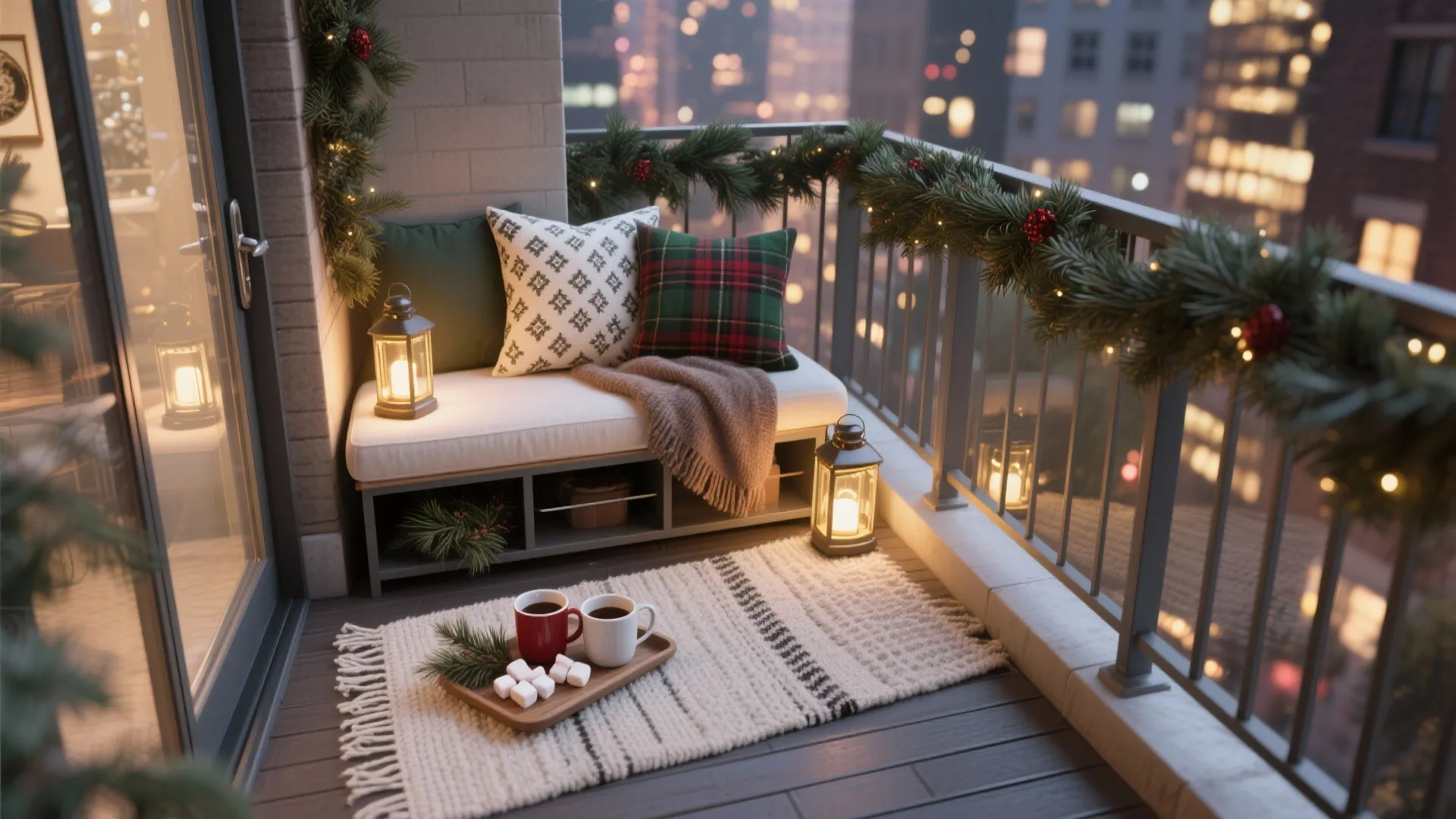 Hot-Cocoa Nook With Textiles and Lanterns