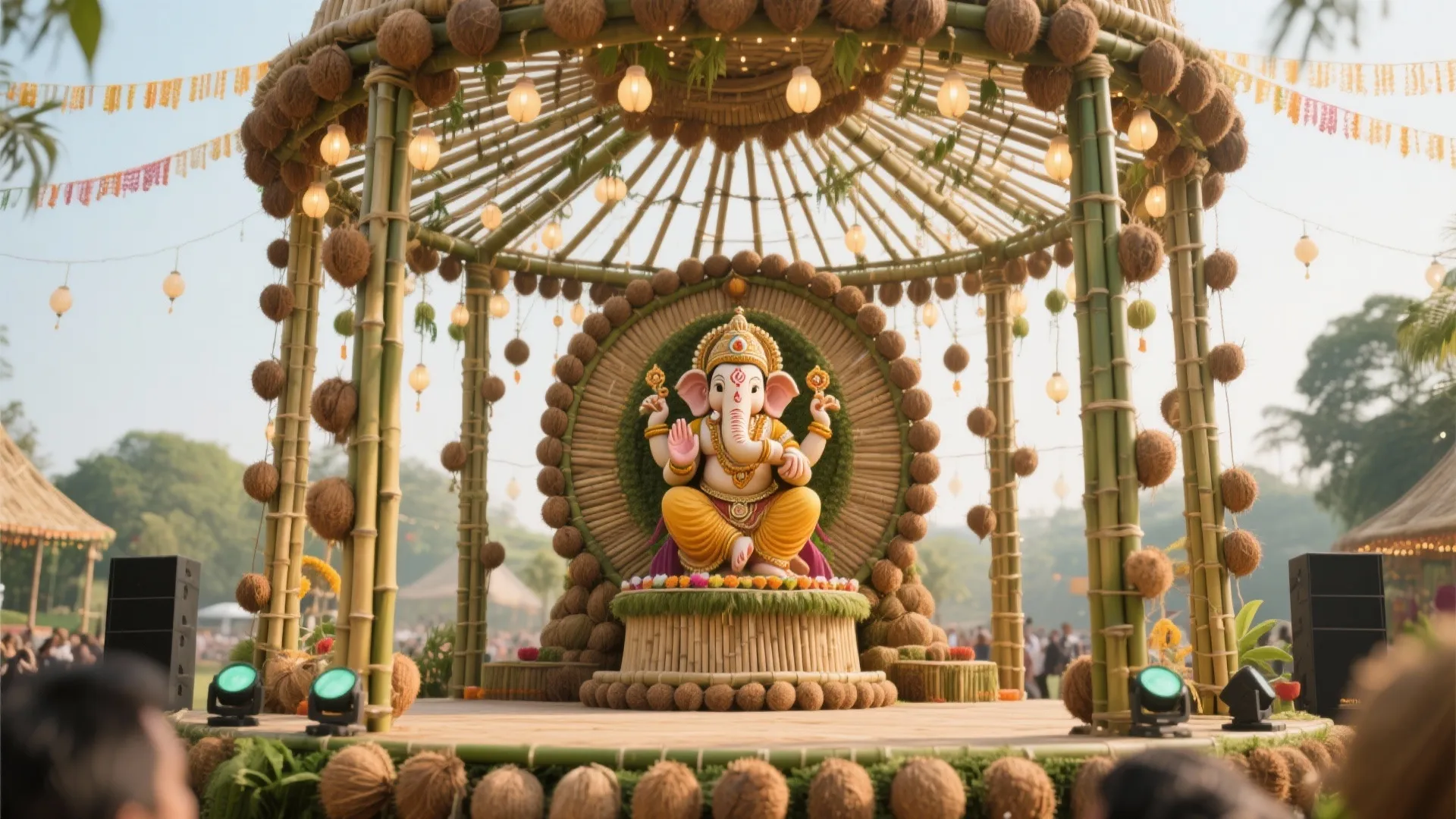 Eco-friendly Ganpati stage made with coconuts and bamboo