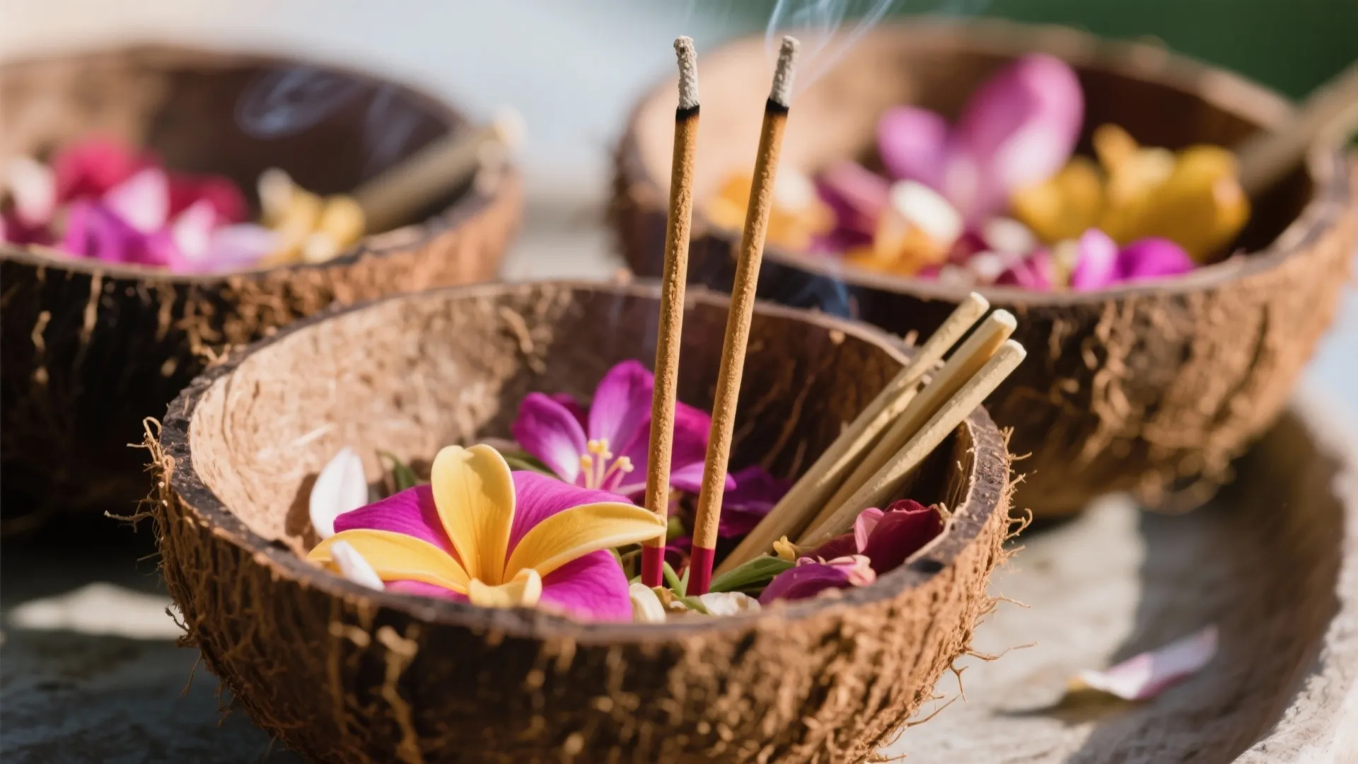Rustic coconut bowls with fresh flowers and incense