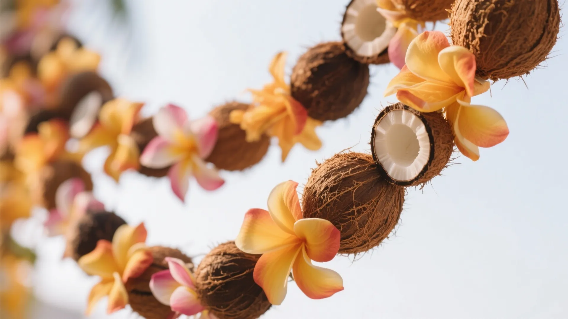 Close-up of garland made with mini coconuts and flowers