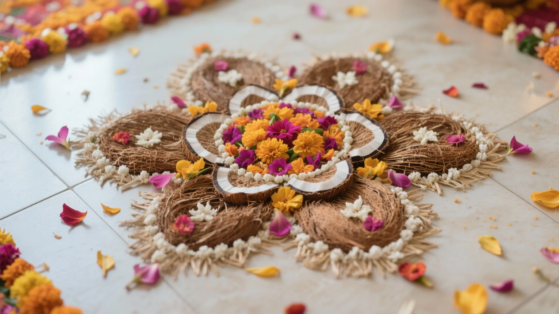 Top view of rangoli made with coconut husks and flower petals
