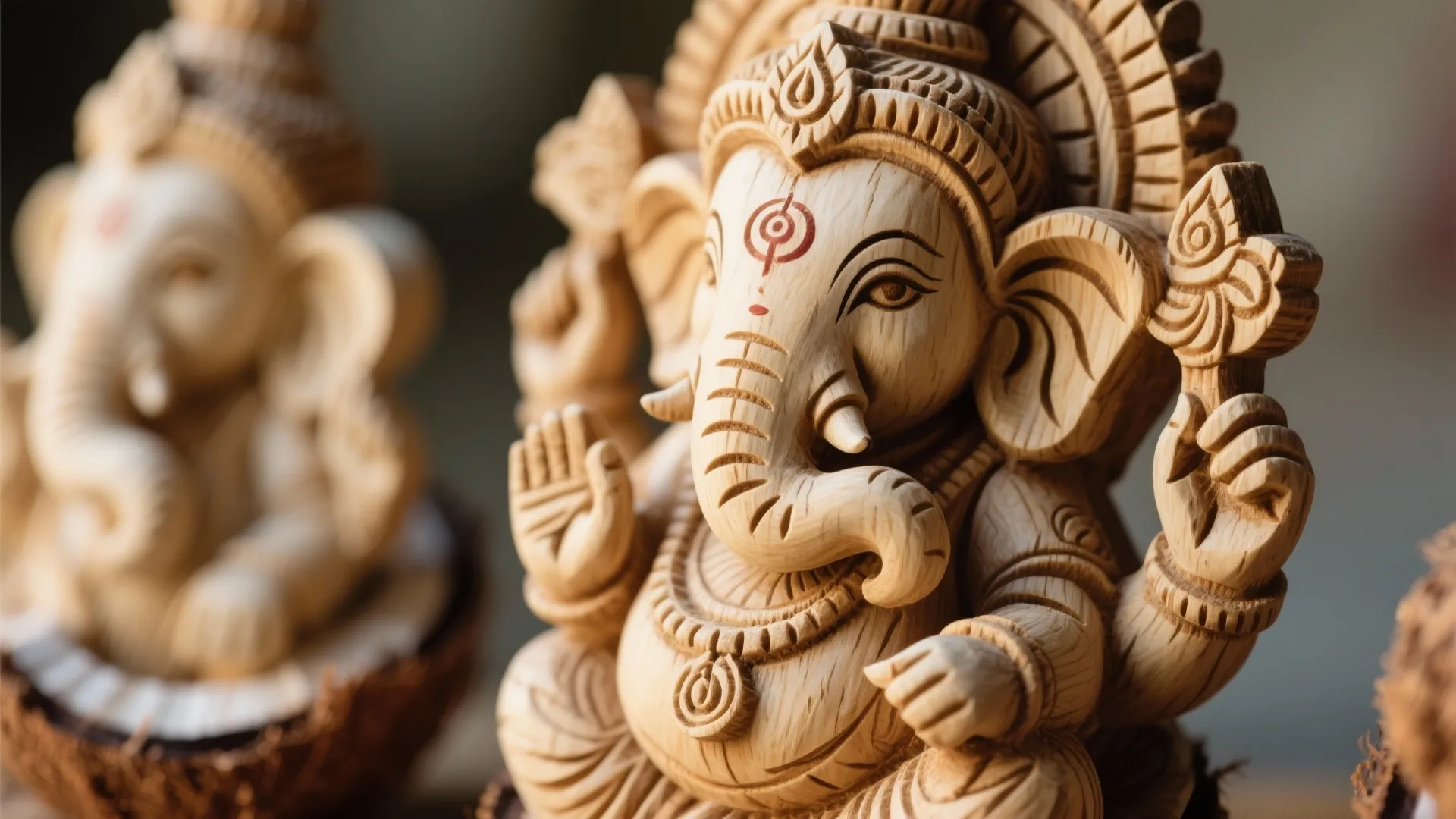 Carved Ganpati figurines made from coconut shells