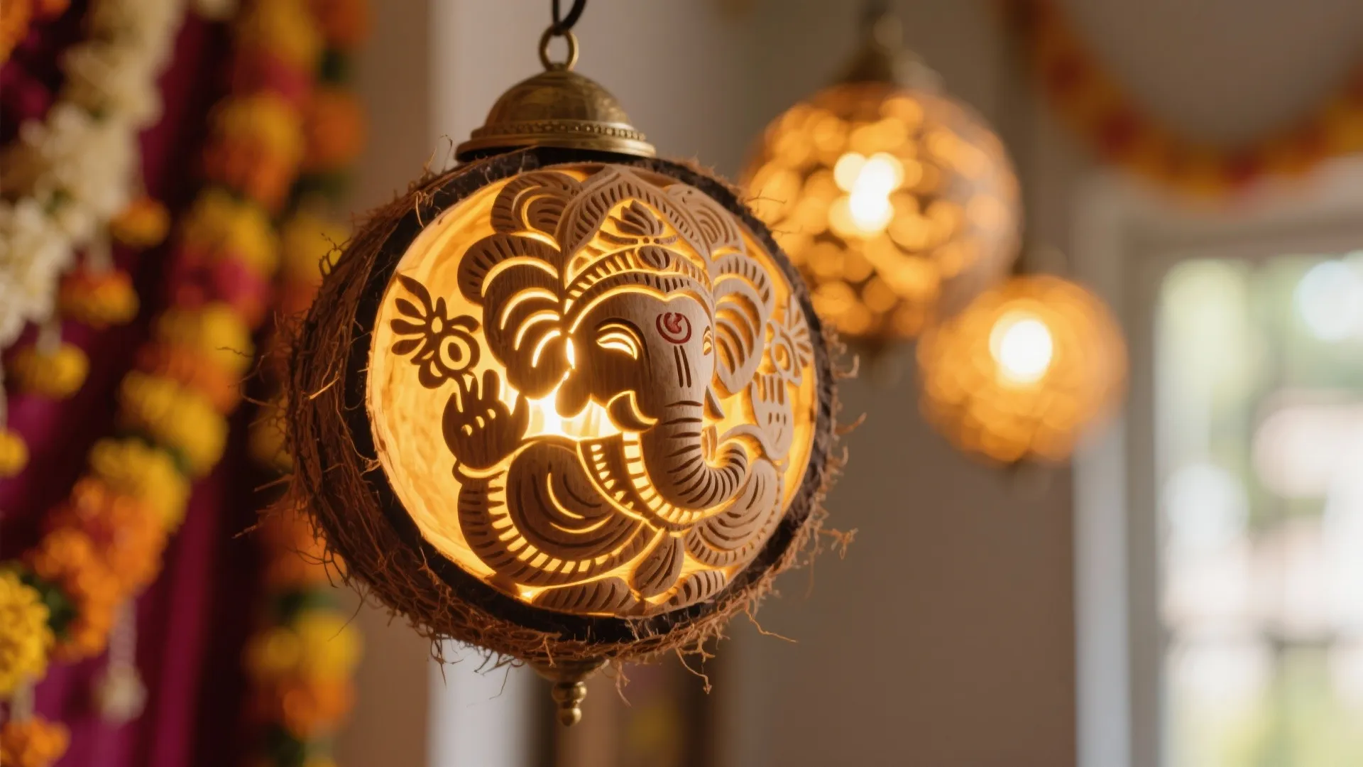 Carved coconut shell pendant lights spreading warm golden glow