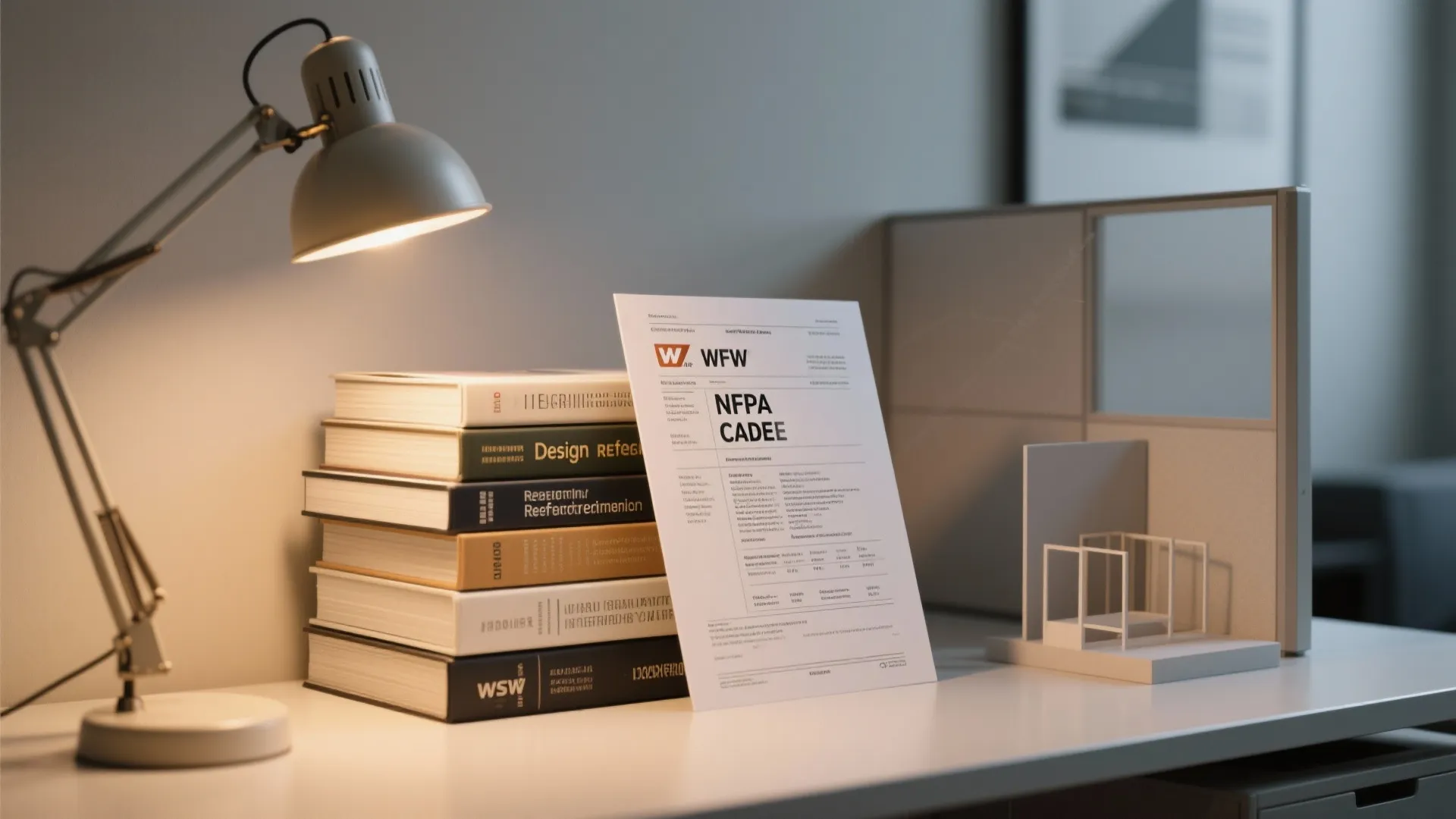 Design reference books and NFPA code next to a small model partition mockup on a desk