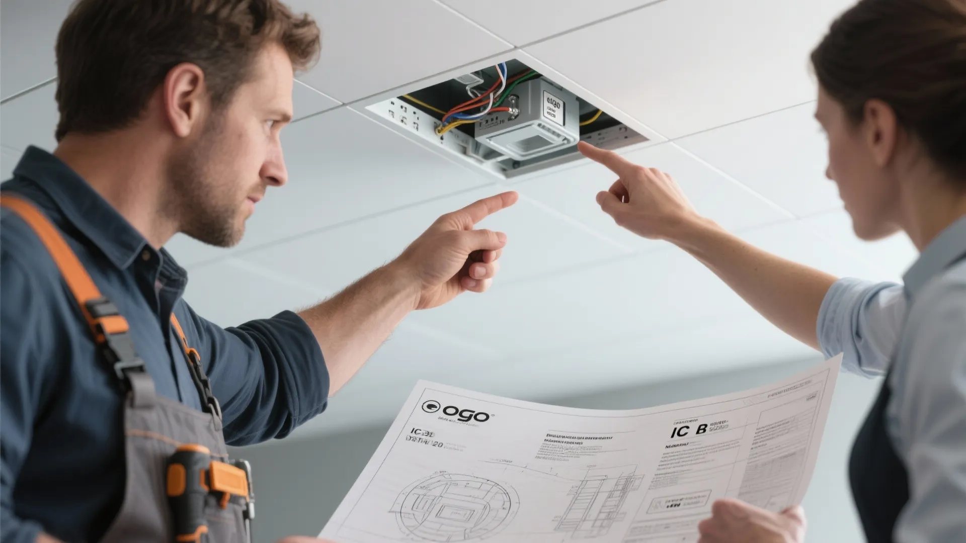 Designer and electrician reviewing recessed lighting housing specs and ceiling junction details on a blueprint.