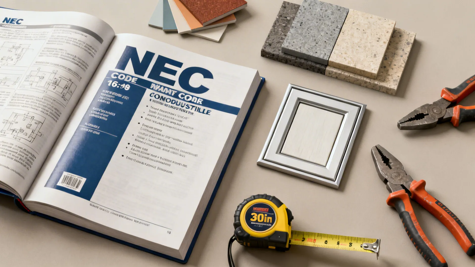 Flatlay of NEC code book, tape measure, tools, and material samples for electrical panel planning.
