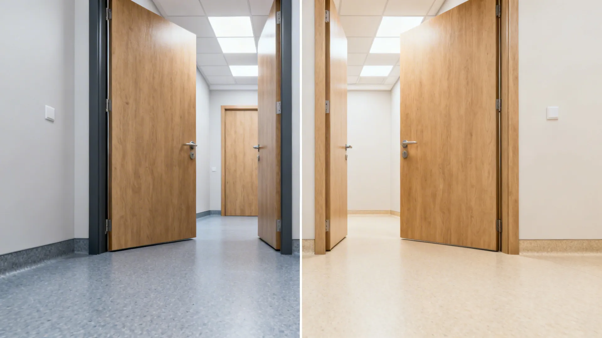 Top-down before-and-after showing cramped aisle versus corrected clearances with smooth appliance swings.