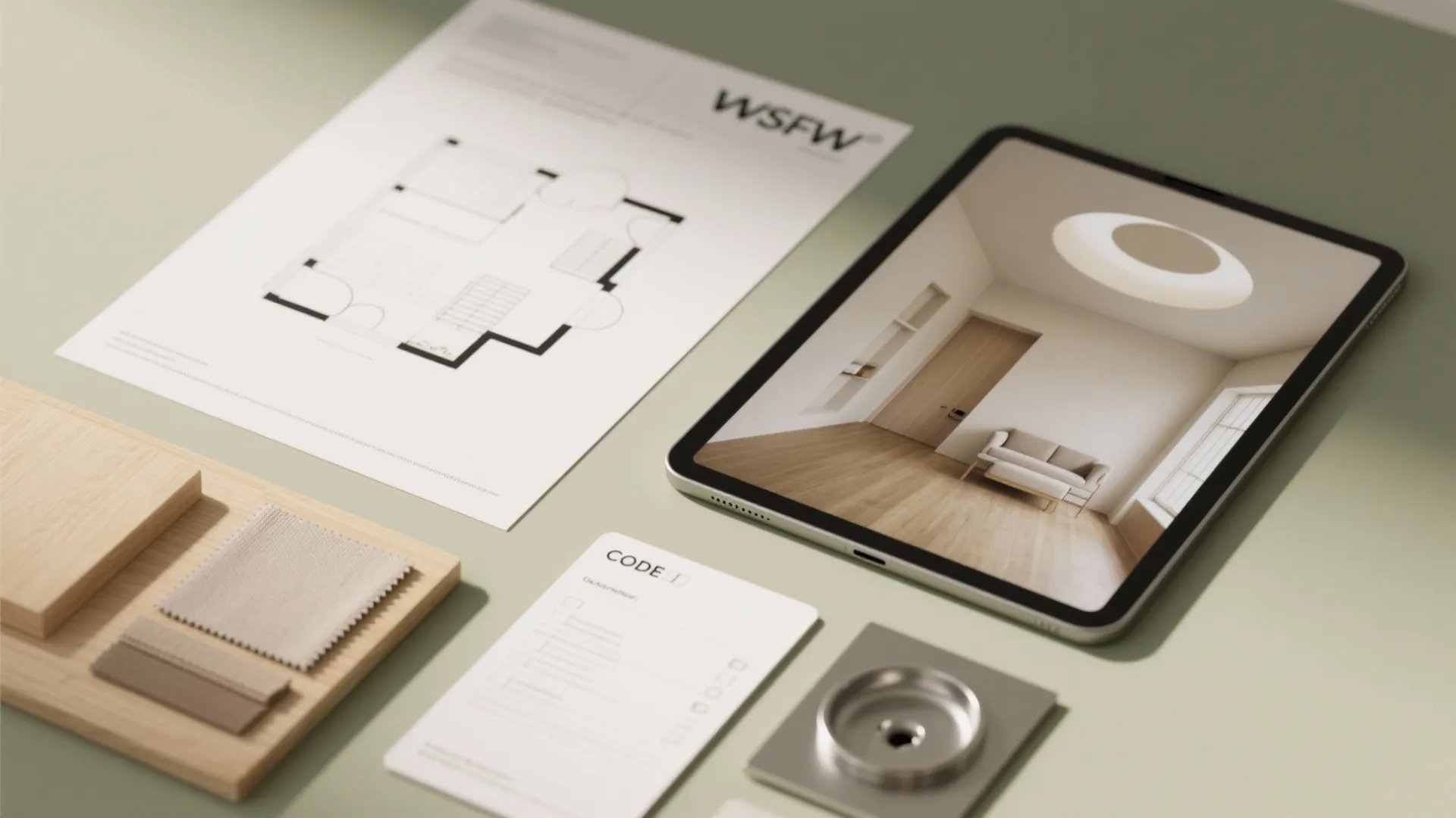 Flatlay of plan fragment, finish samples, and a tablet showing a small-room ceiling layout for code checks.