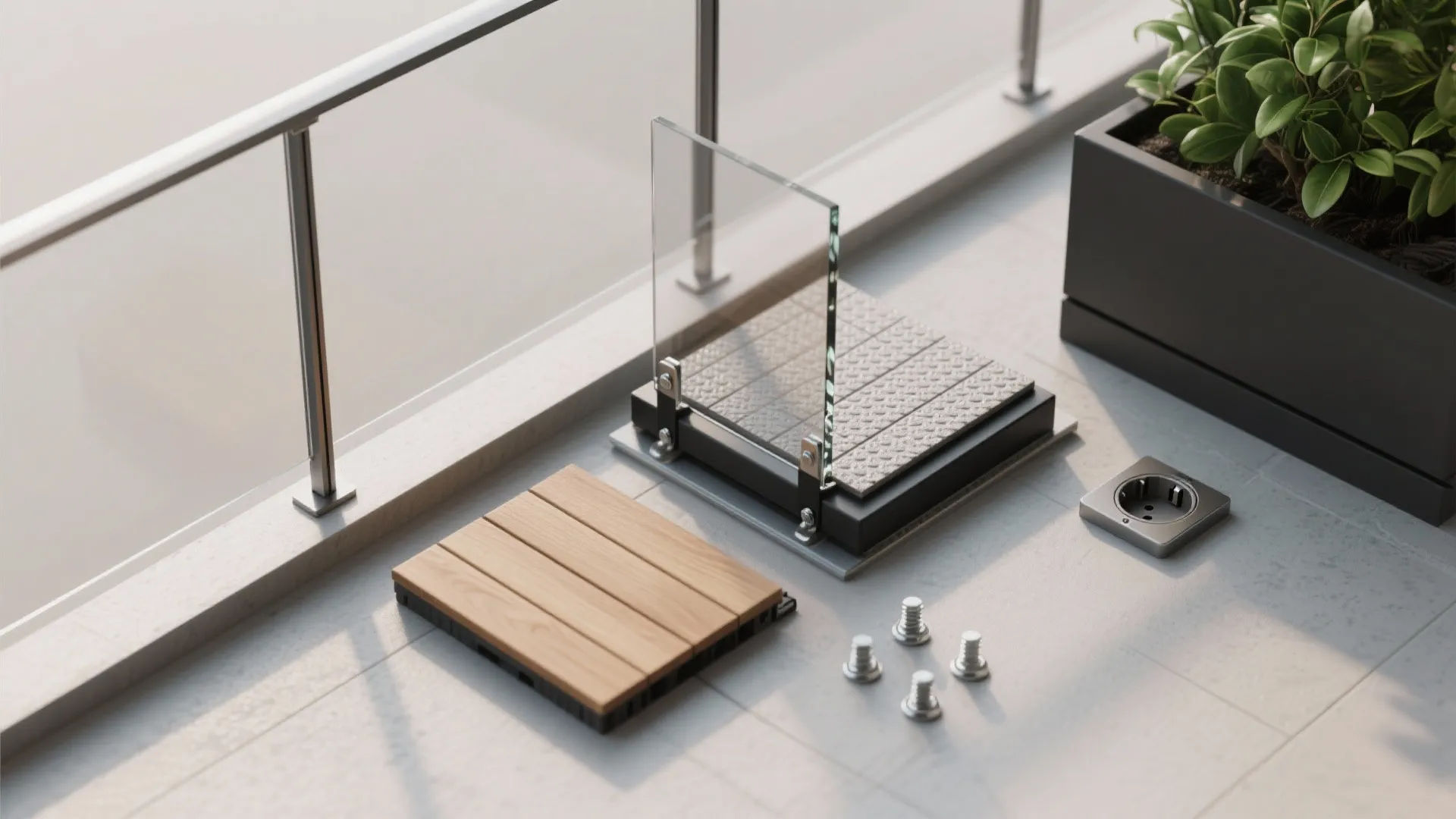 Flatlay of code-aware balcony materials: slim rail profiles, laminated glass, non-slip tile, pedestal, fasteners.