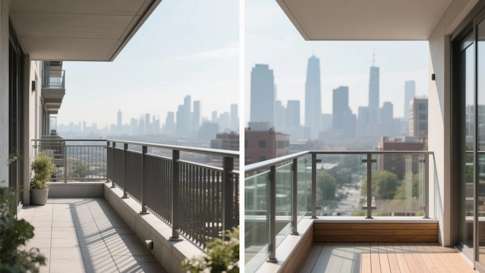 Side by side comparison of traditional metal balcony railing and modern glass railing with views