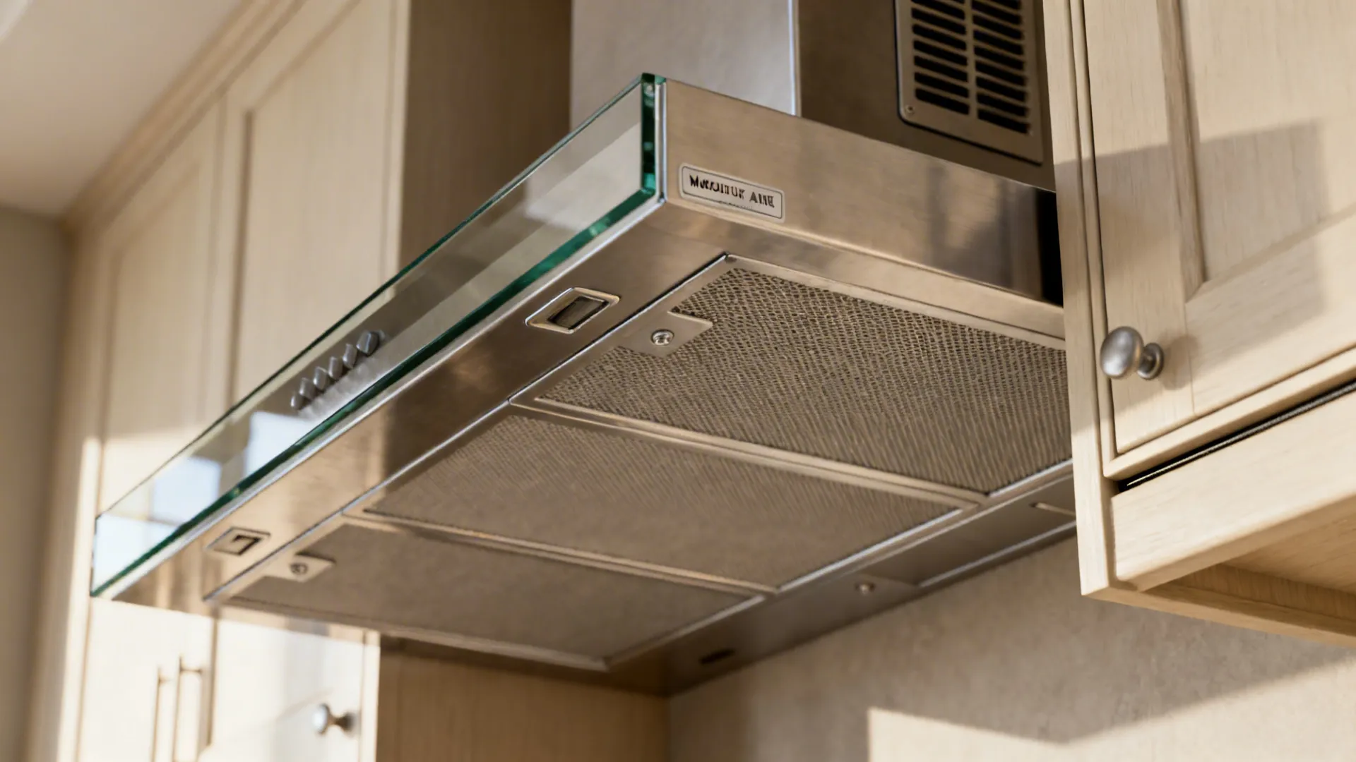 Close-up of baffle filters, tempered glass trim, and a discreet makeup air grille.