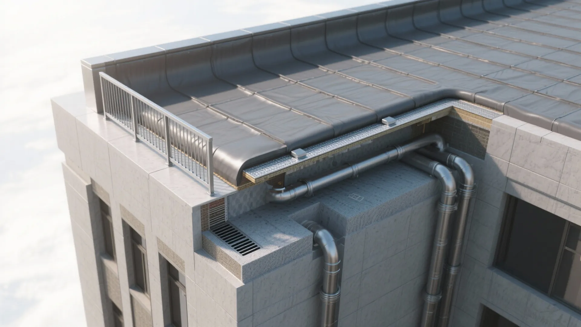 Building roof showing grey waterproof layers, metal drainage pipes, and a grey metal safety railing