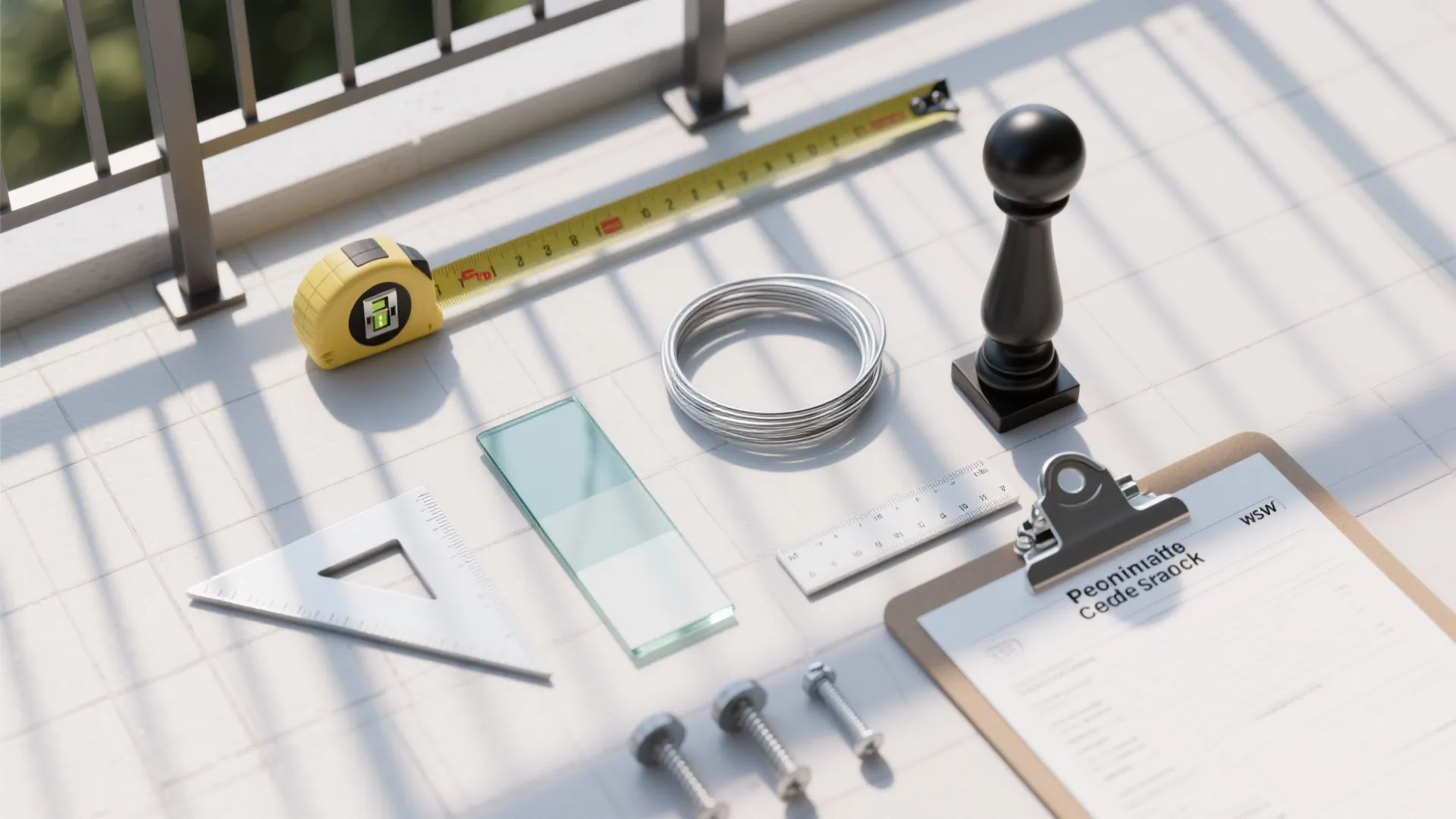 Top-down layout of measuring tools, railing samples, and hardware for balcony planning on a neutral surface.