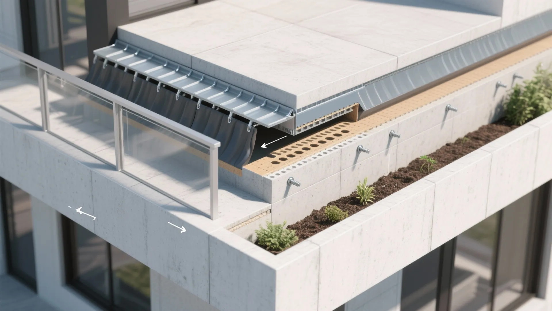 Top-down cutaway of a balcony railing detail with slope, drip edge, liner, weeps, and anchorage.