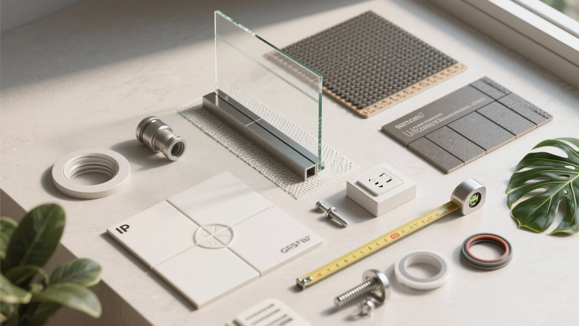 Various home improvement materials including floor tiles glass panel measuring tape and screws on a table