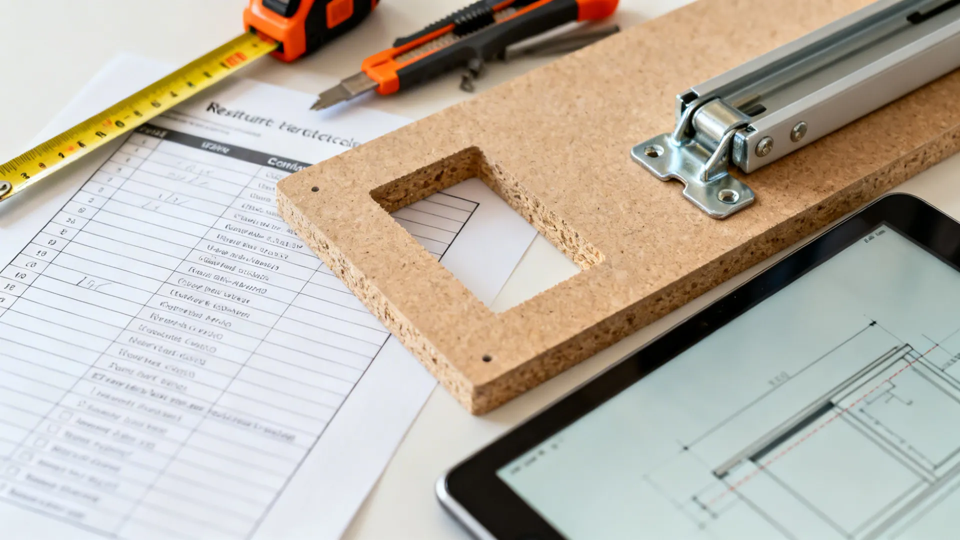 Close-up of planning tools, hardware, and sample board used to verify cabinet standards.