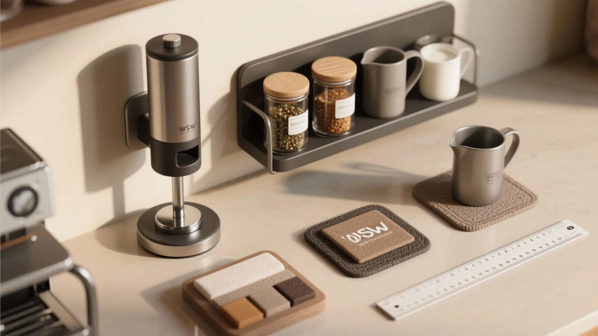 Close-up of coffee accessories including a silver grinder, glass jars, mugs, and a white ruler