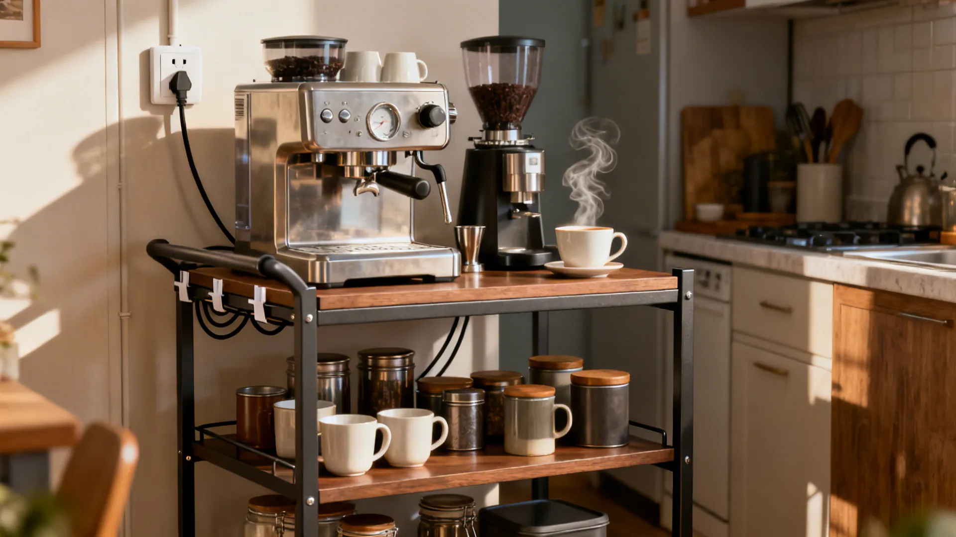 Two-tier trolley as a coffee station with espresso machine, grinder, and cable management.