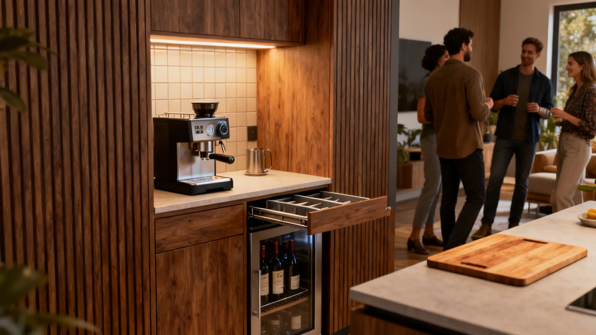 Alcove mini bar with coffee machine, slide-out trays and compact fridge