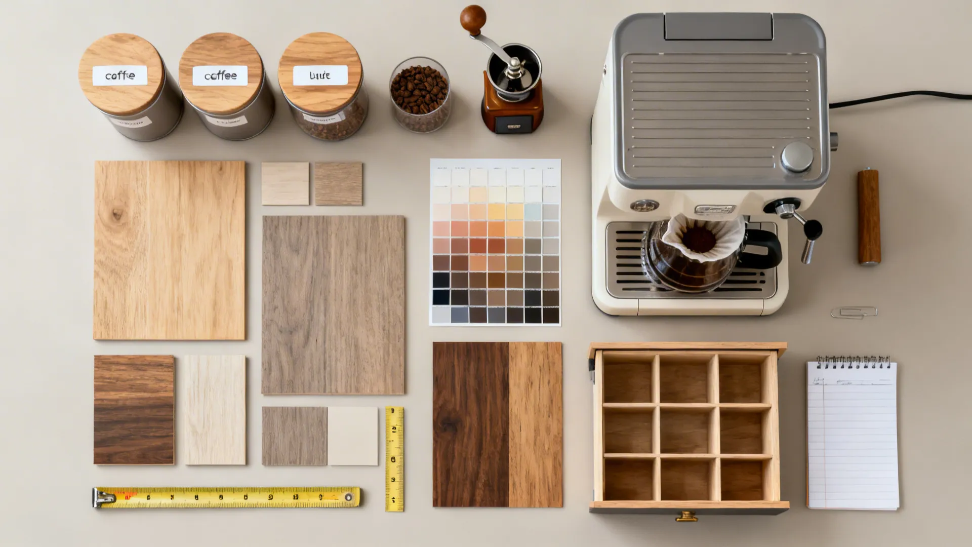 Flatlay of budget-friendly coffee bar materials and organizing tools for small spaces.