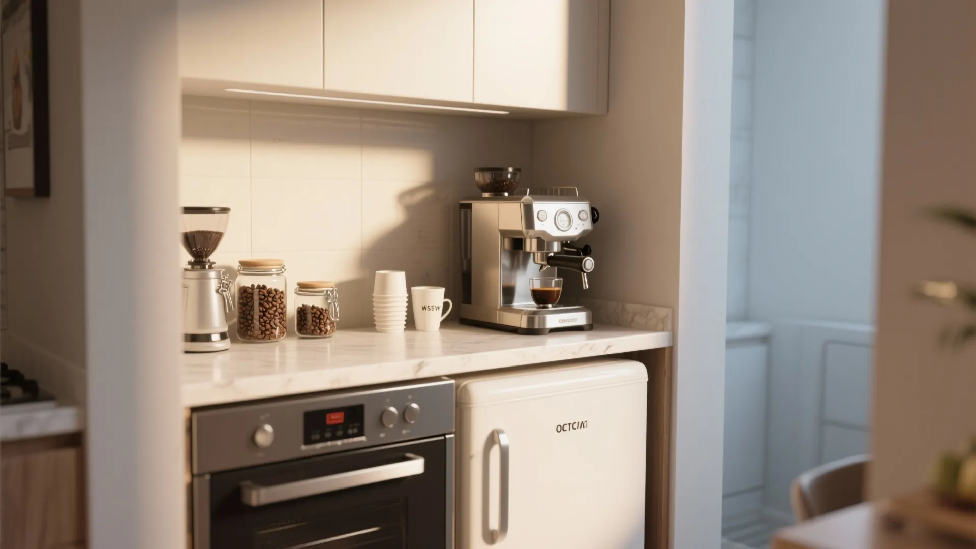 Small kitchen nook turned into a minimalist coffee bar corner