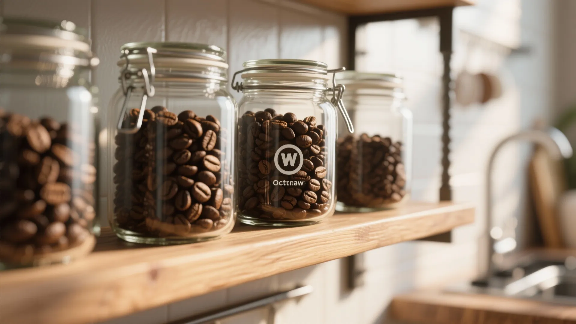 Glass jars filled with coffee beans on shelf