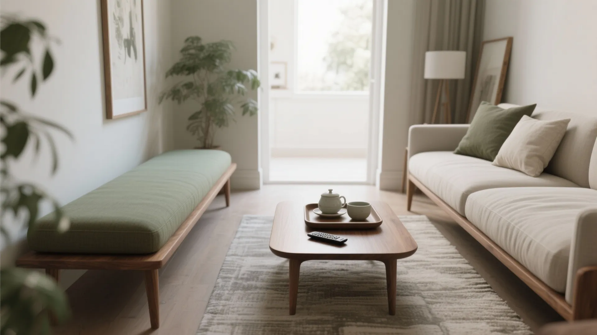 A low bench used as a coffee table with a lipped tray, keeping a narrow living room open and airy.