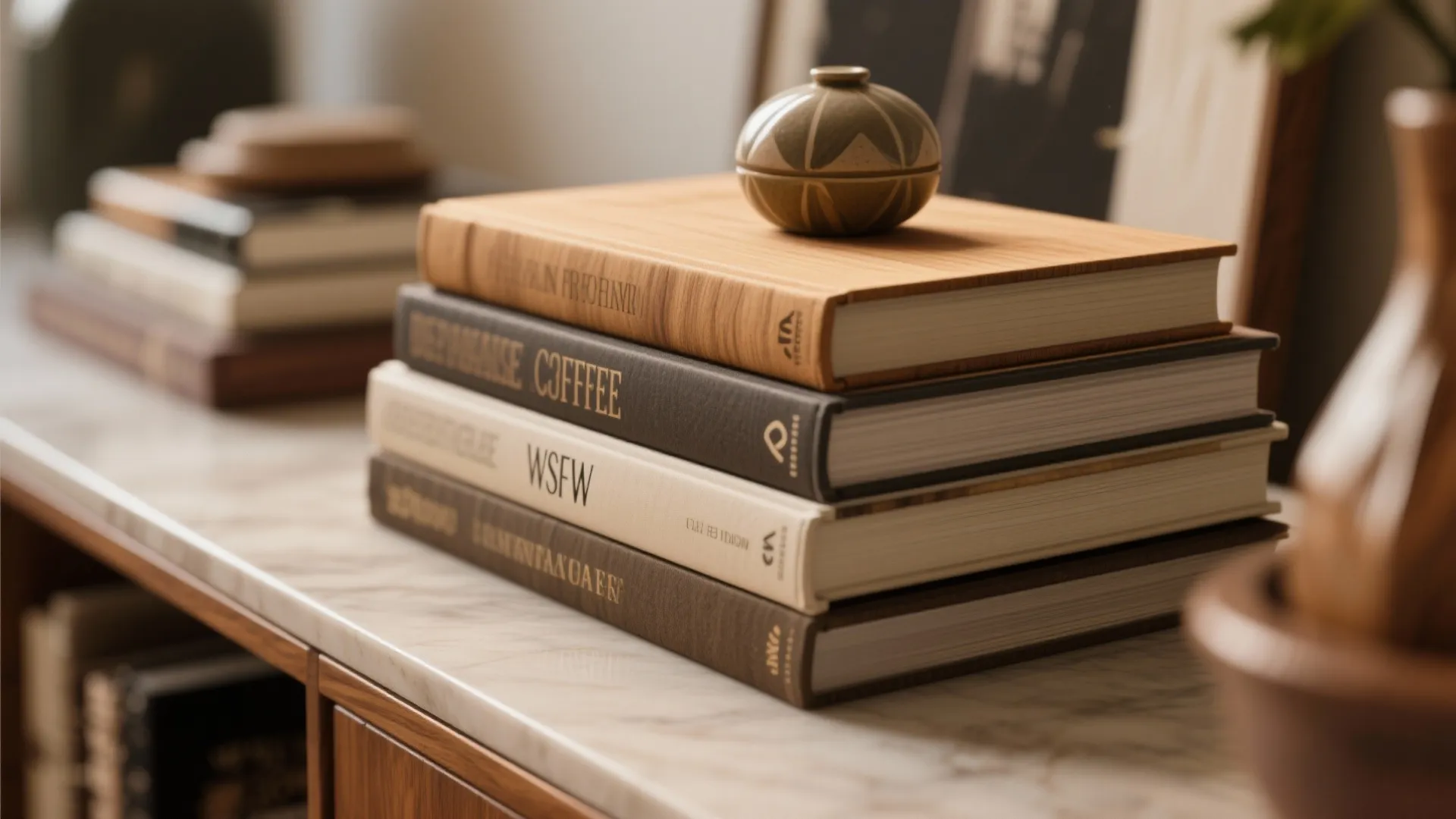 Stack of coffee table books on console table