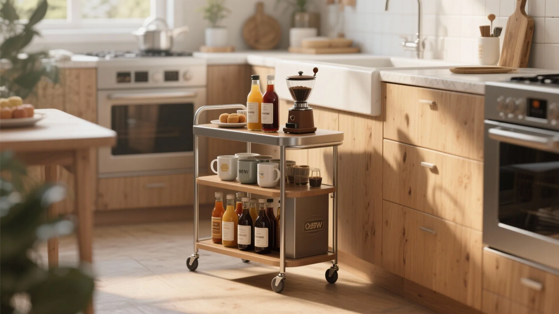 Slim rolling cart with coffee supplies in kitchen