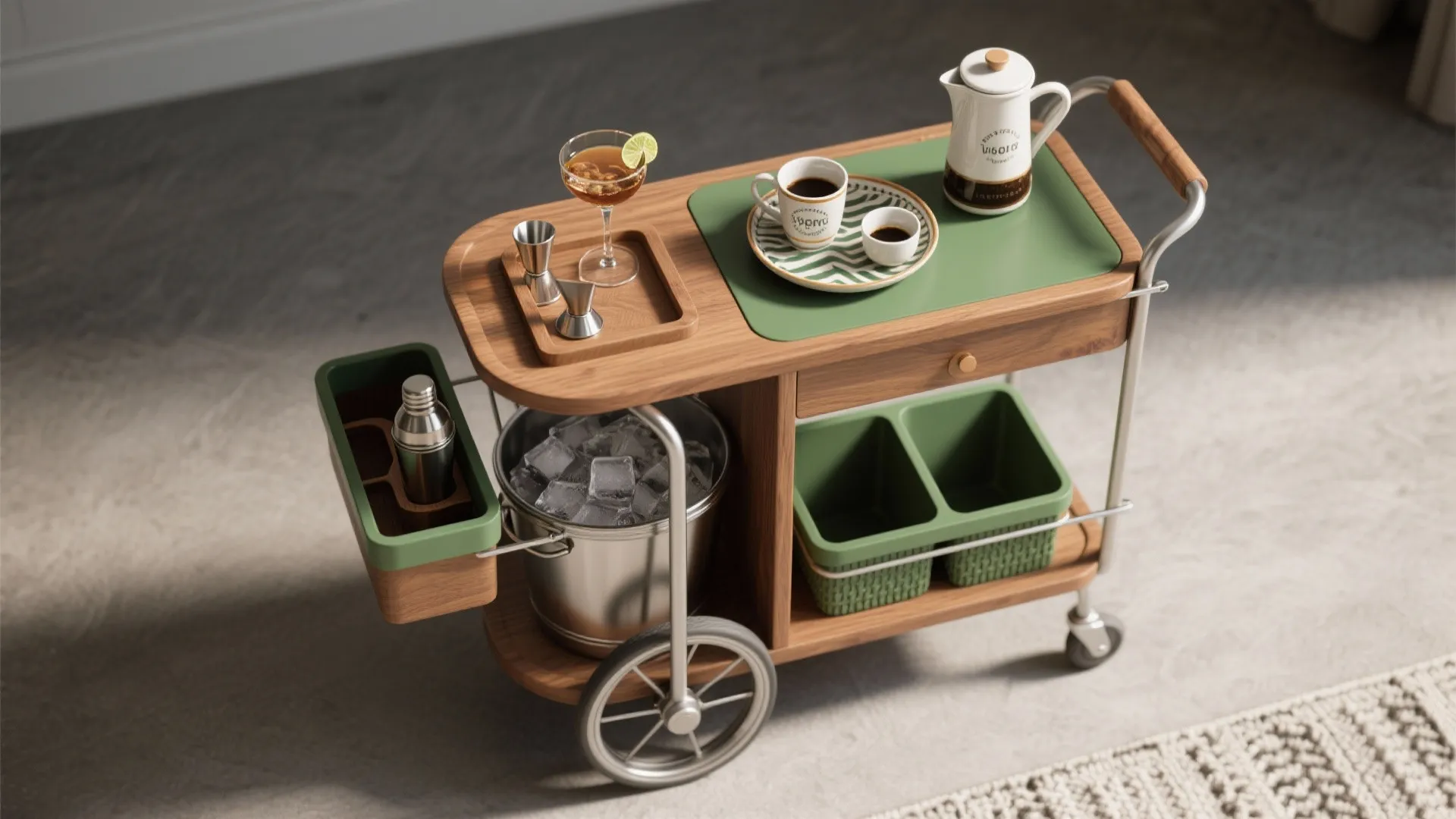 Top-down flatlay of a dual-purpose cart staged with morning coffee gear and evening cocktail tools, including a removable ice bucket.