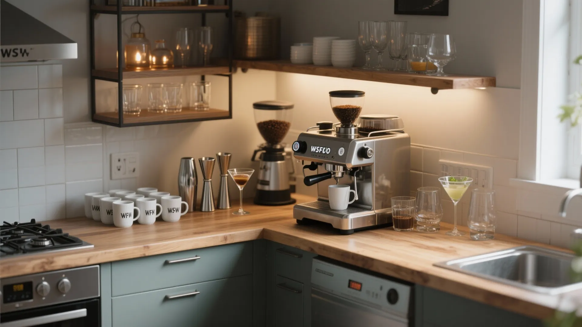 Modern kitchen corner with coffee machine, wooden countertop, green cabinets, wall shelves, and drink glasses