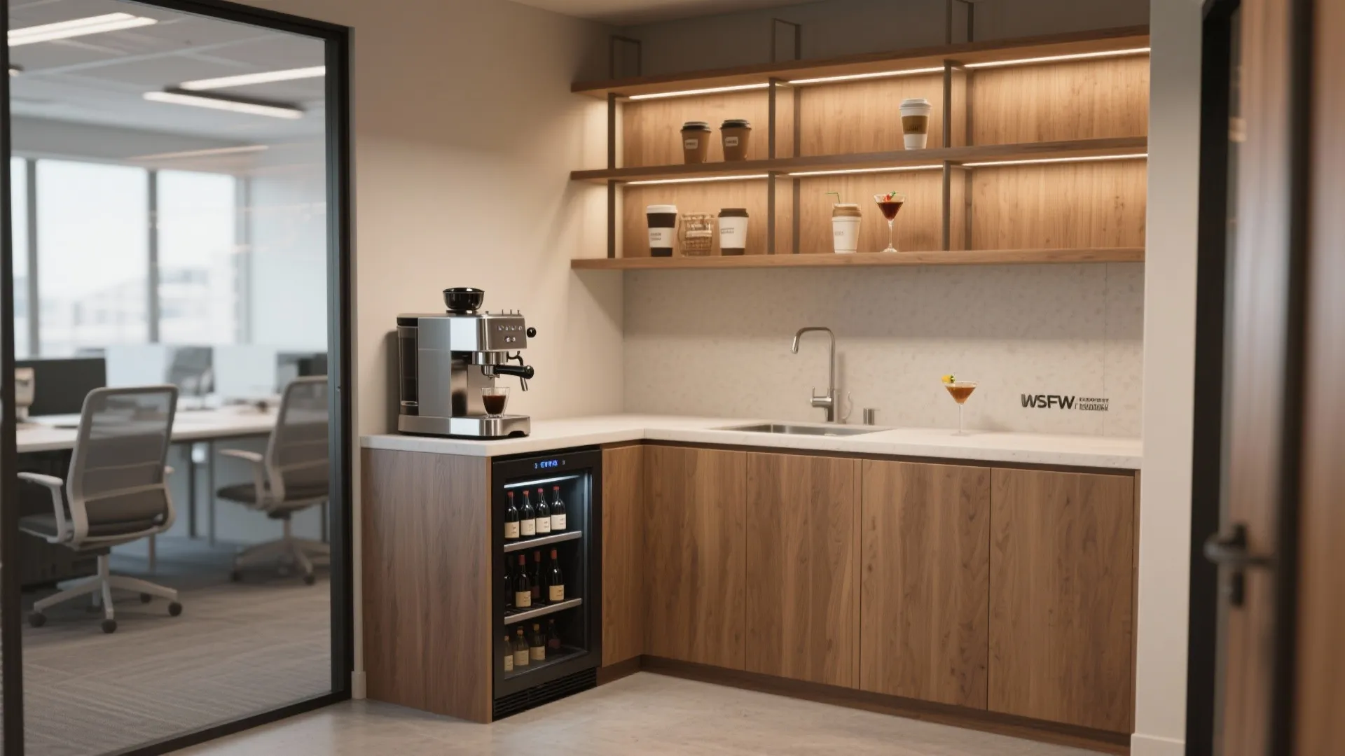 Compact office coffee station with wooden cabinets coffee machine small wine fridge and floating wall shelves