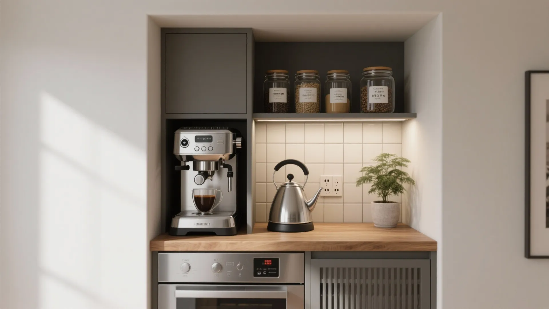 Modern coffee corner with espresso machine, silver kettle, wooden countertop, glass jars, and small plant