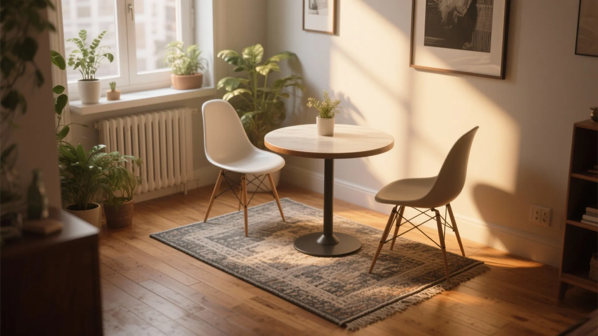 Small round wooden table with white chairs on vintage rug in a sunlit coffee corner