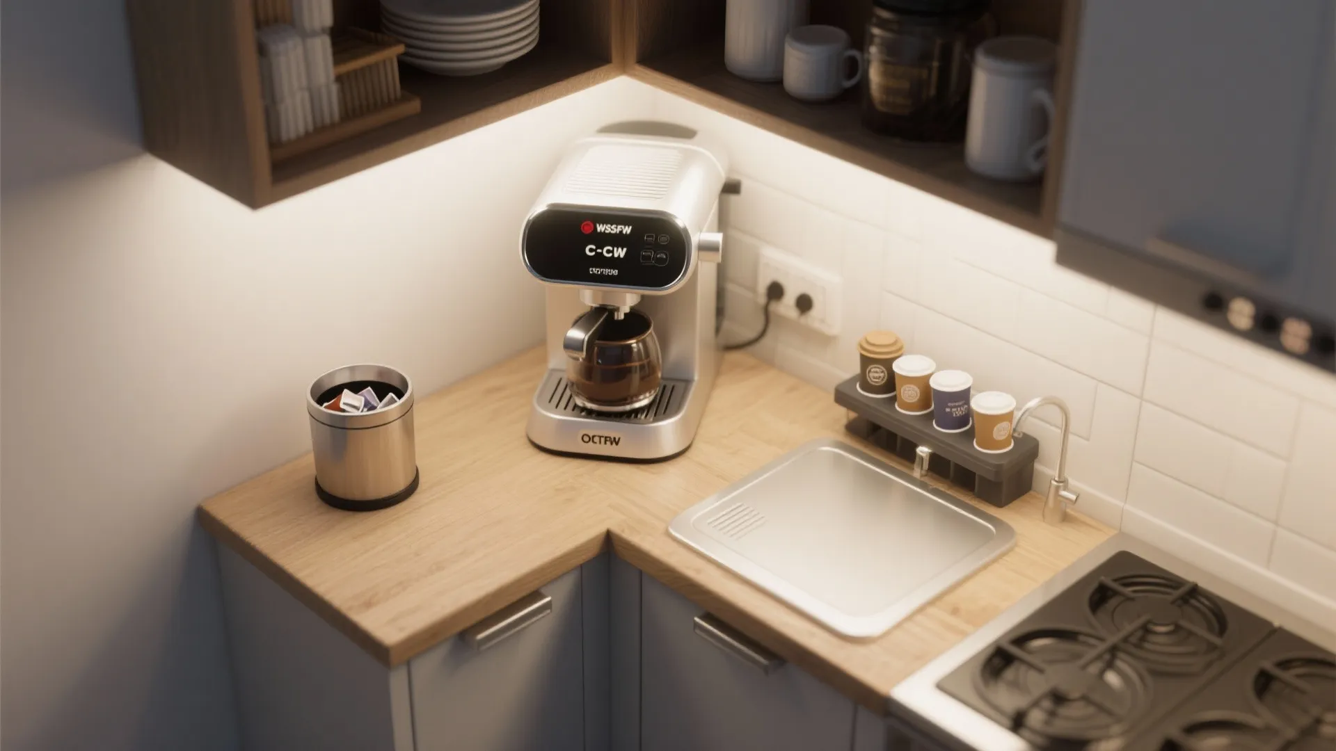 Modern coffee machine on wooden countertop next to small square sink with several colorful cups