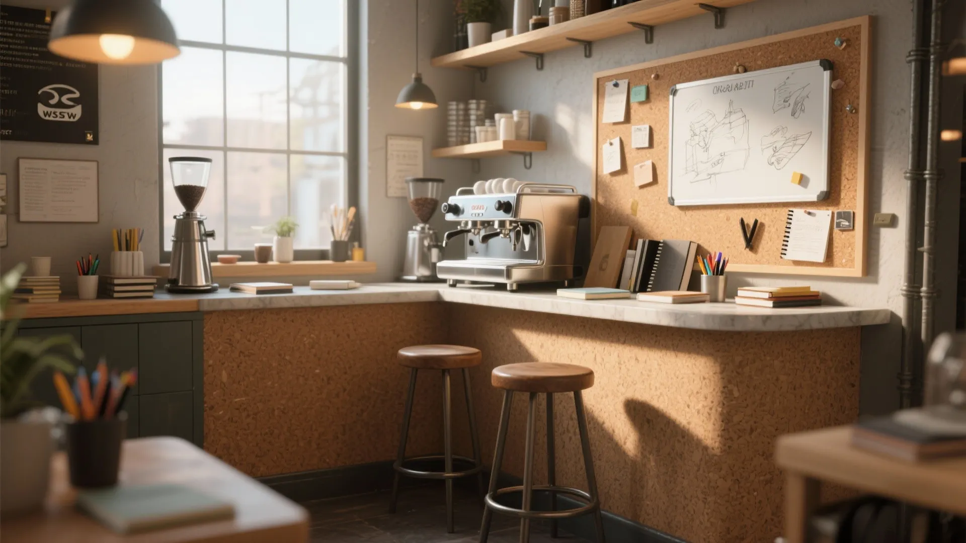 Office coffee station with espresso machine, wooden stools, cork wall, white board, and hanging lights