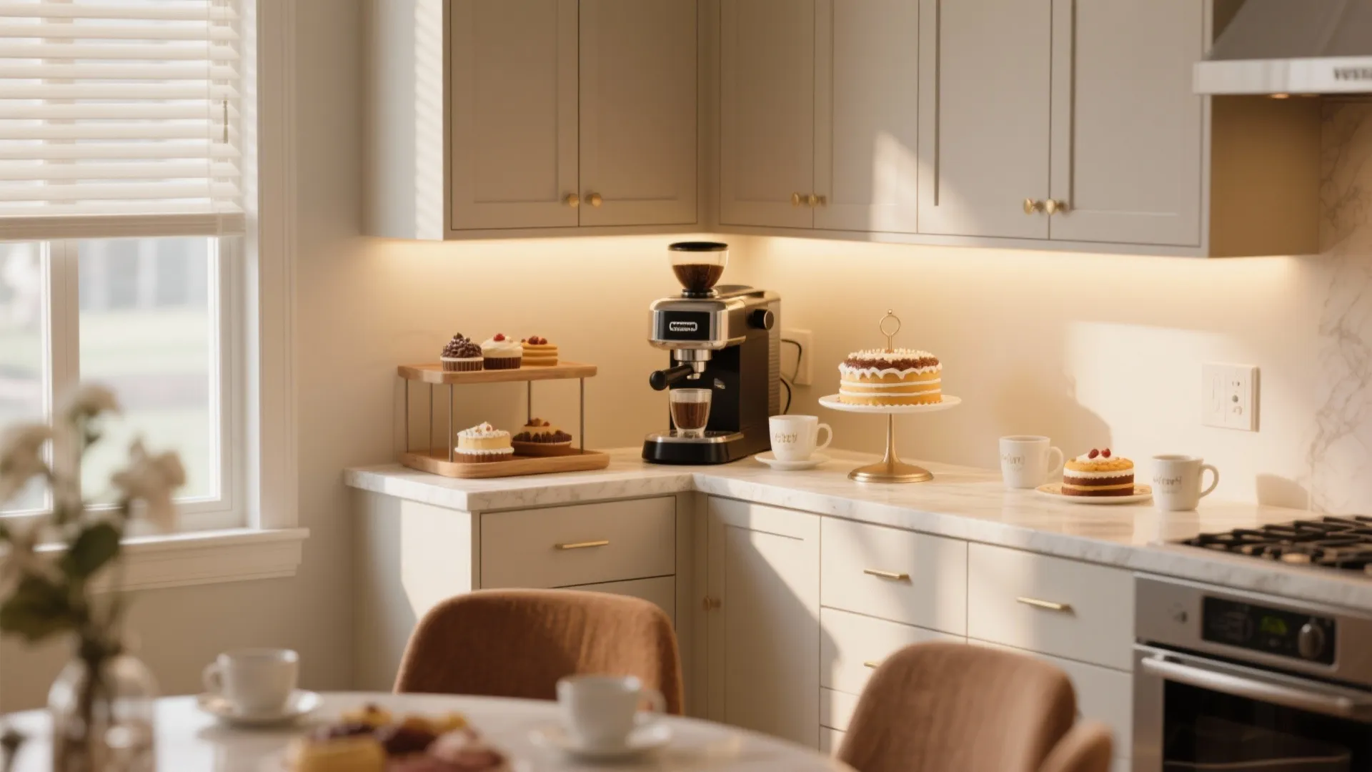 Cozy kitchen corner coffee station with espresso machine cupcakes cake stand and white cabinets under light
