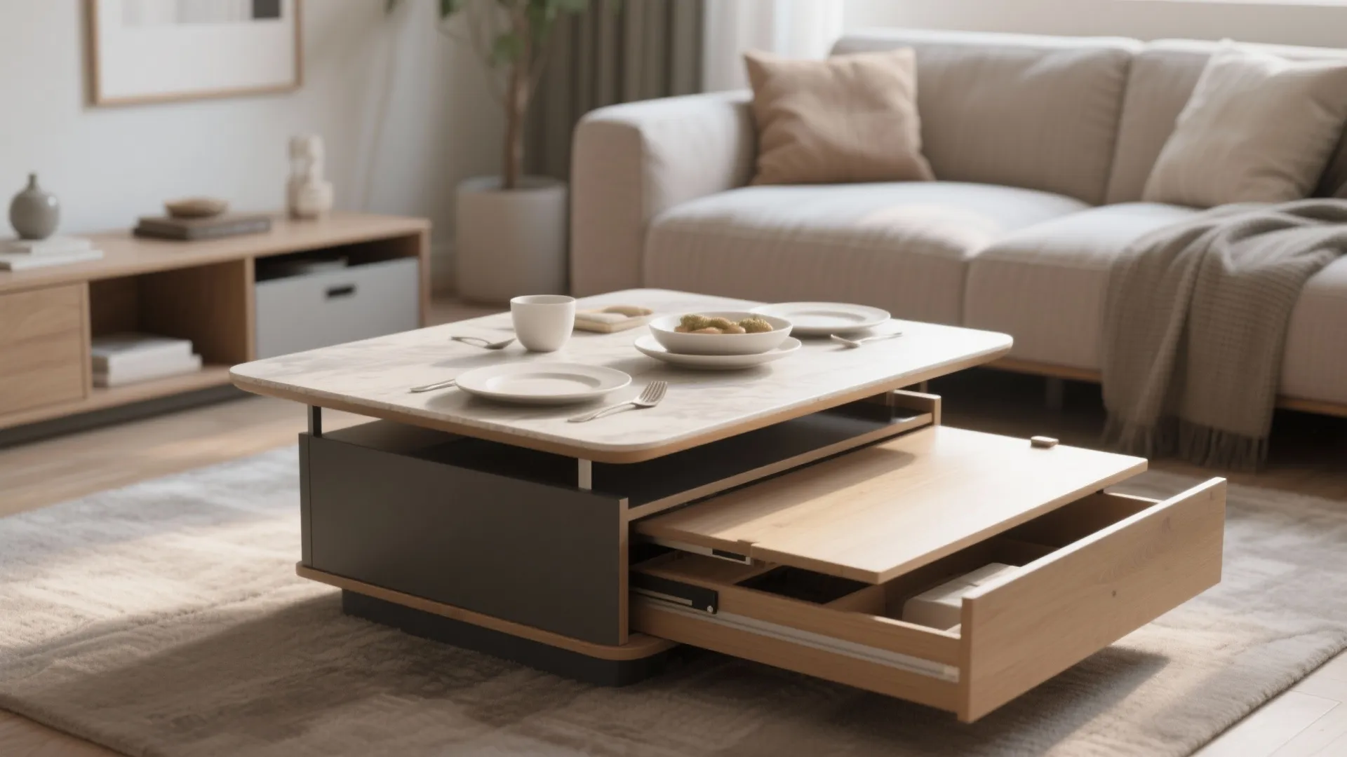 Lift-top coffee table converting into a dining surface