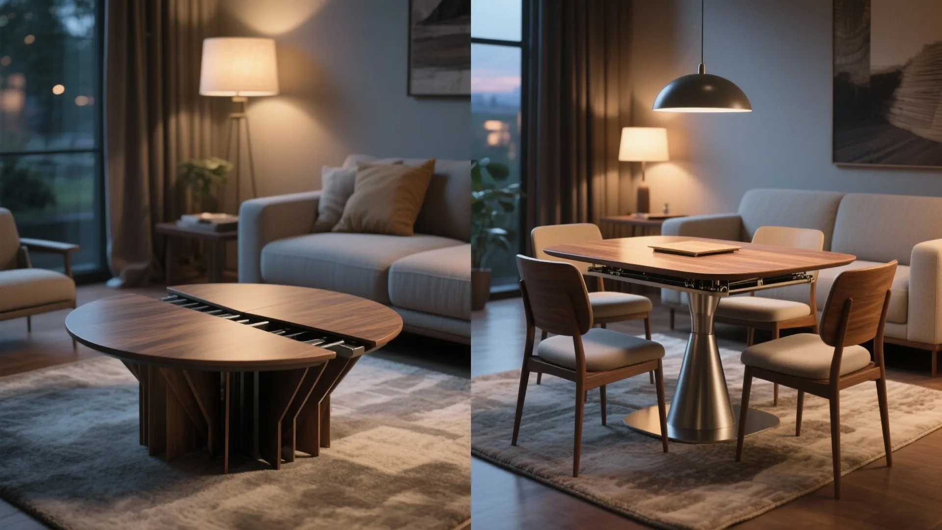 Before-and-after view of a coffee table converted to a dining table using a telescoping leg and drop leaves.