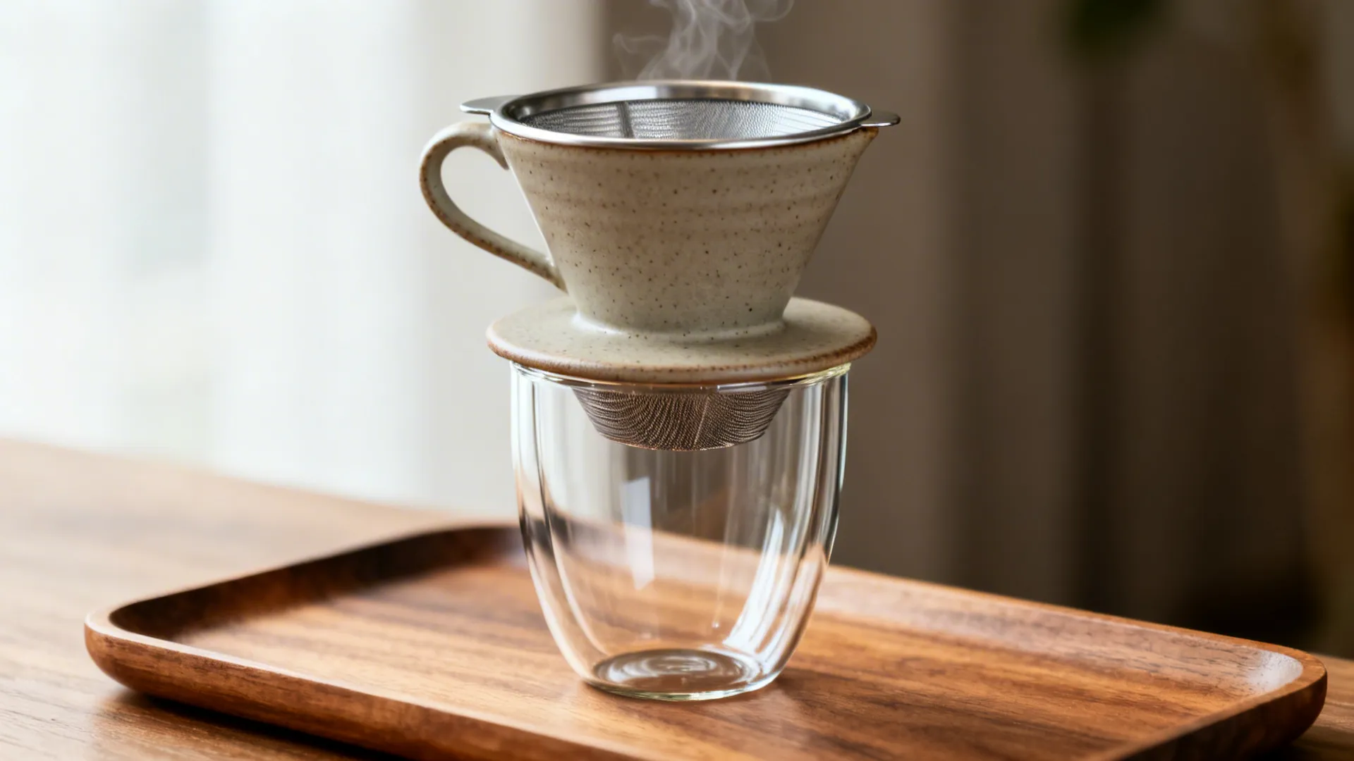 Ceramic coffee dripper with metal filter sitting on clear glass cup over a wooden tray