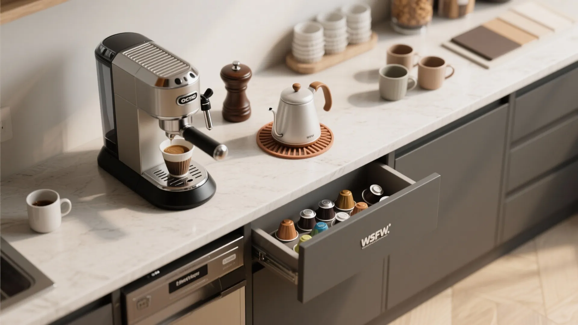 Flatlay of essential coffee bar items: espresso machine, grinder, kettle, drip mat and coordinated mugs.