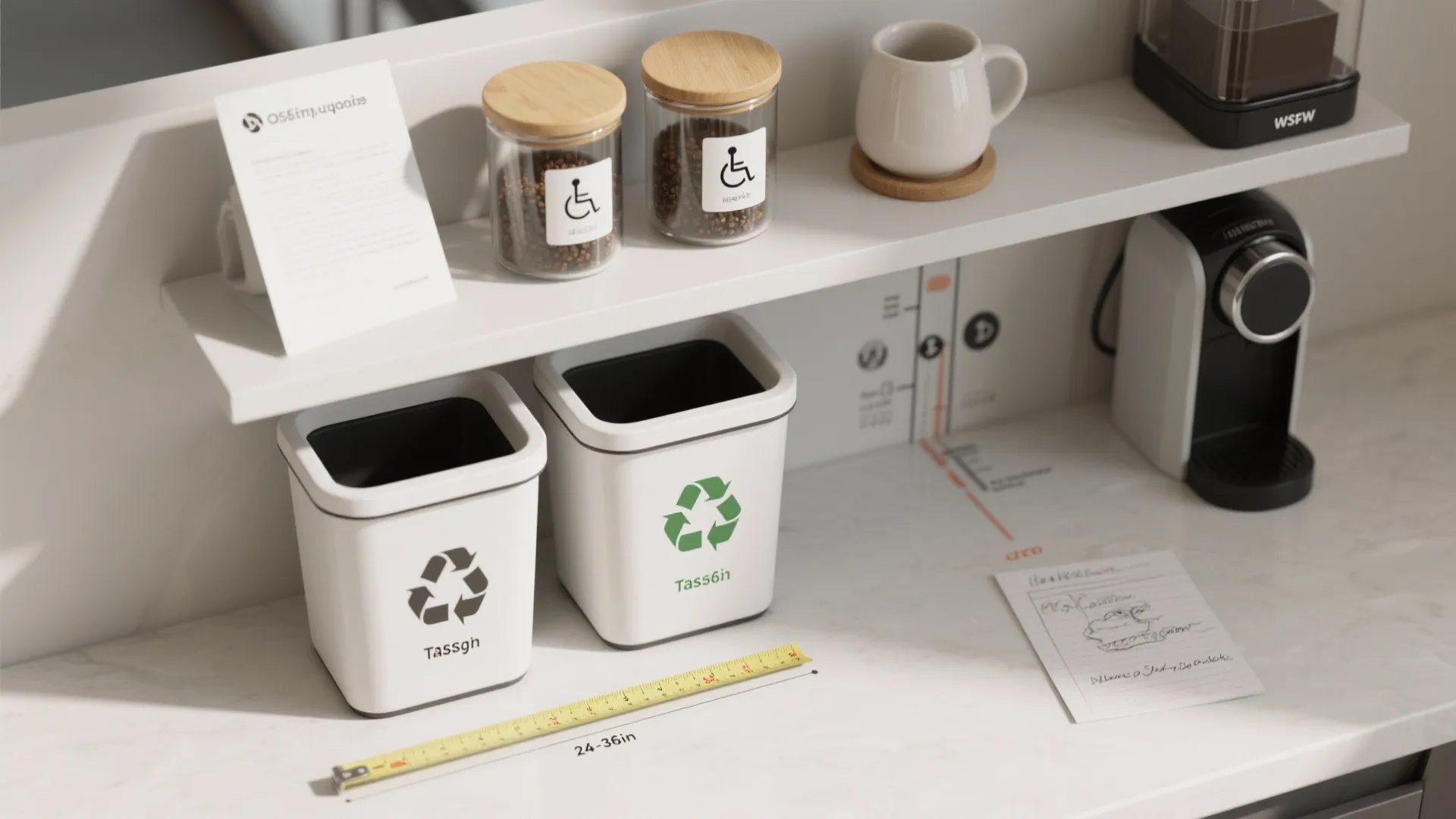 Kitchen counter with recycling bins coffee jars measuring tape and small coffee machine on white shelf