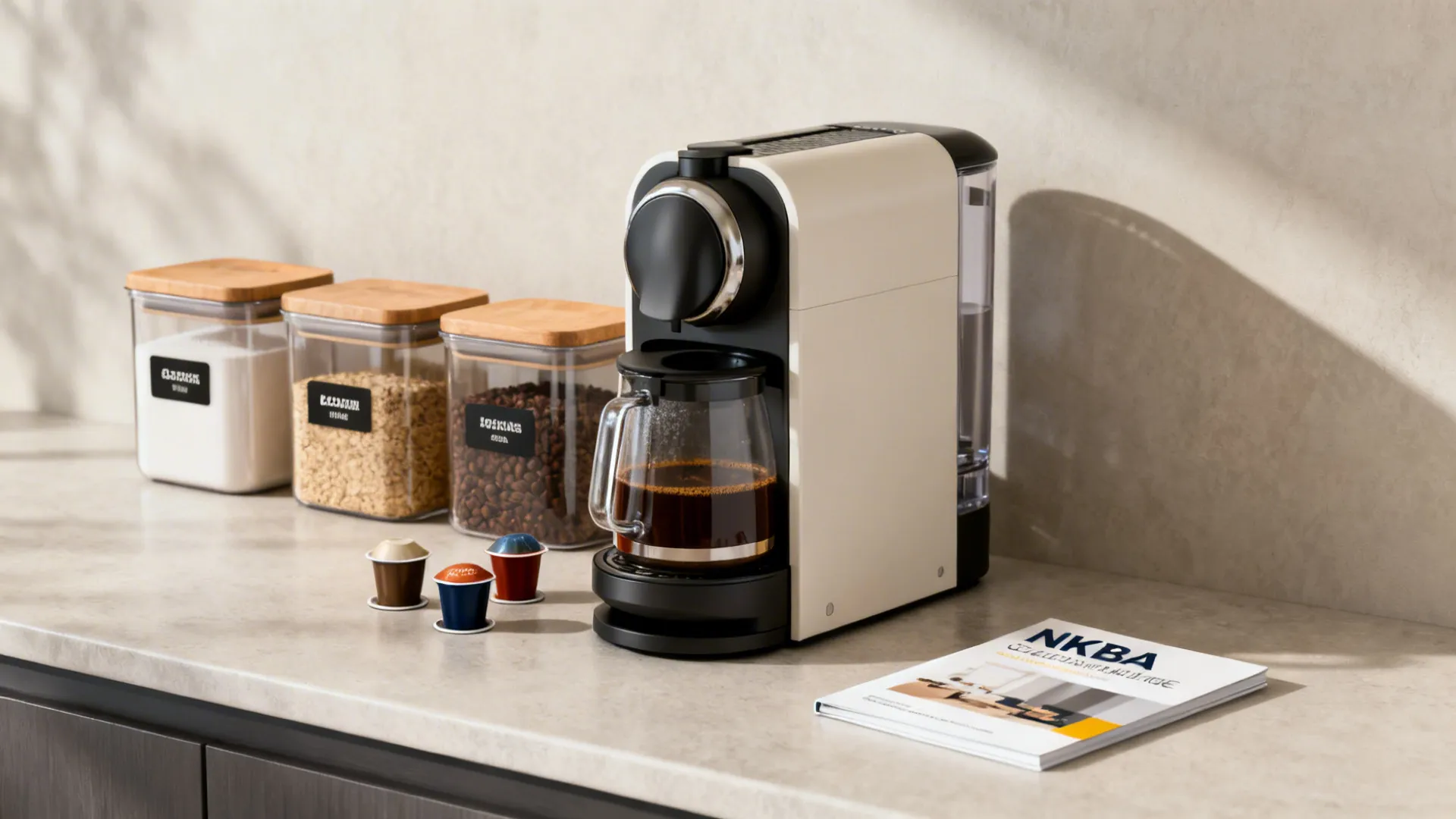 Compact coffee options with storage and NKBA guideline booklet on a counter