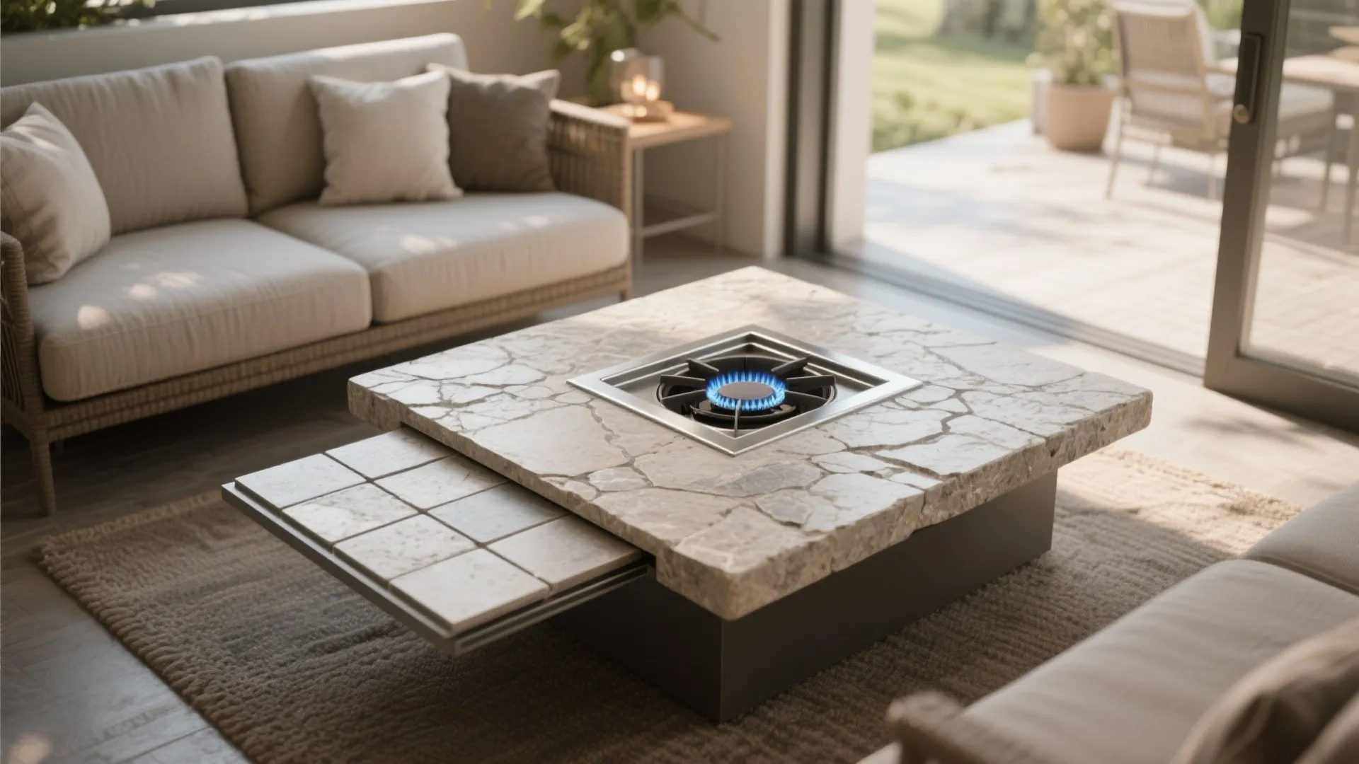 1. Low-profile coffee table with inset gas pit
