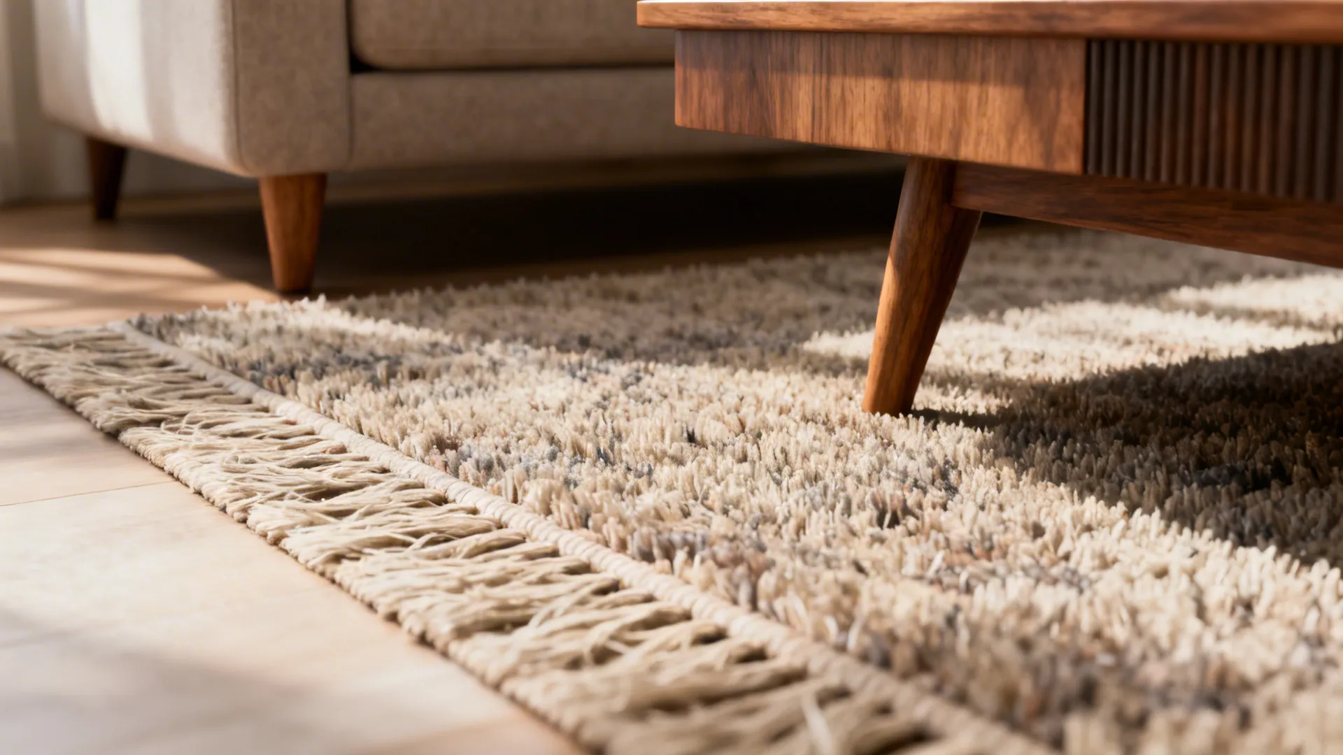 Close-up of a coffee table sitting fully on a smaller rug while sofa legs remain off it.