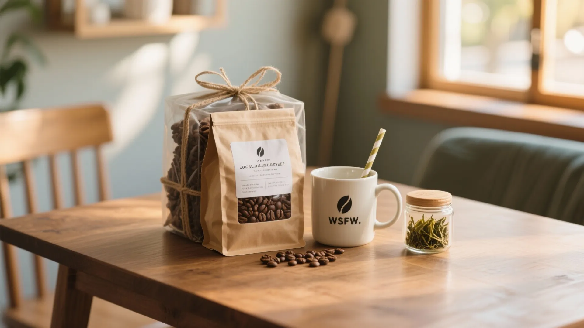 Coffee bean bags, white mug with straw, and small glass jar on wooden dining table
