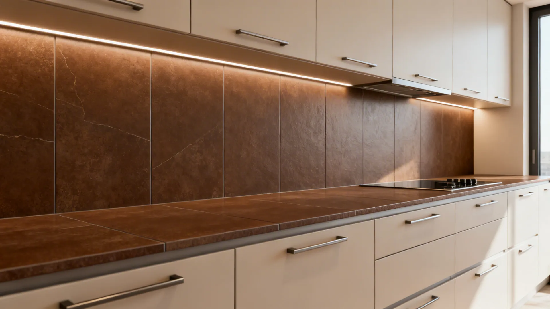 Small kitchen with vertical 24x48 coffee-brown porcelain backsplash and warm LED lighting.