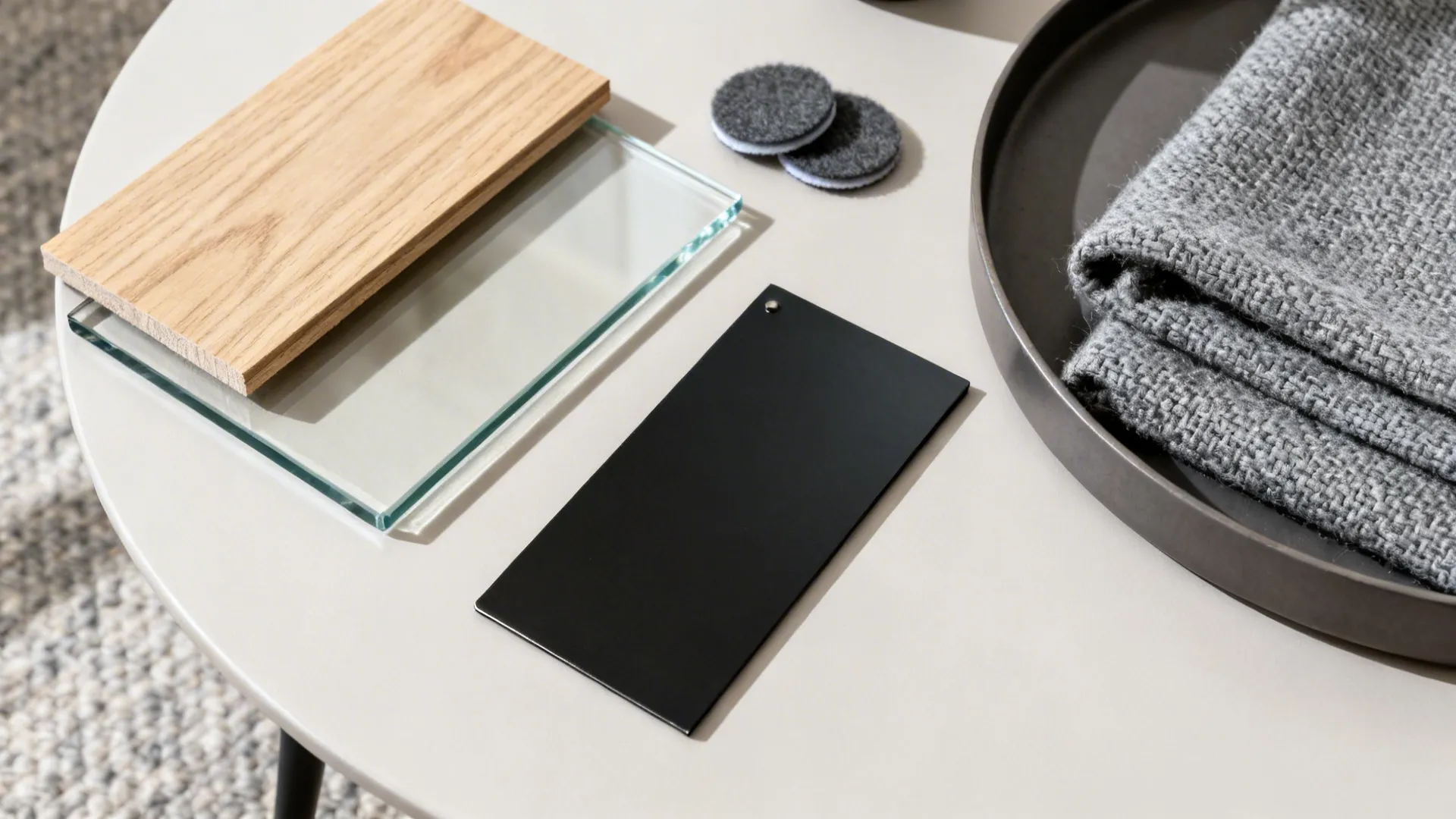 Flat lay of light oak, glass, matte black metal, and gray fabric for nesting tables.